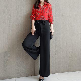 Set: Print Blouse + Tie-waist Wide-leg Pants