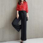 Set: Print Blouse + Tie-waist Wide-leg Pants