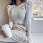 Puff-shoulder Button-trim Top