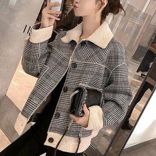 Fleece Trim Plaid Button Jacket