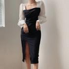 Square Neck Two Tone Slit Sheath Dress