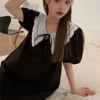 Puff-sleeve Contrast Collared Dress