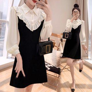 Long-sleeve Two Tone Ruffled Mini Dress