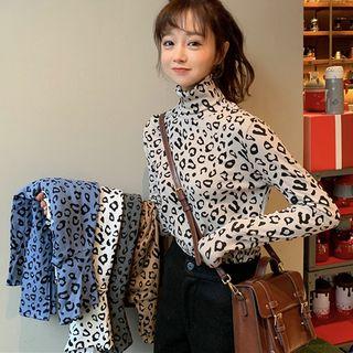 Turtleneck Long Sleeve Leopard Print Top