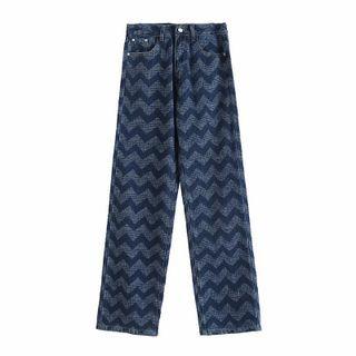 High-waist Wave Print Straight-fit Jeans