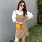 Puff-sleeve Plain Blouse / Floral Sleeve Mini Dress