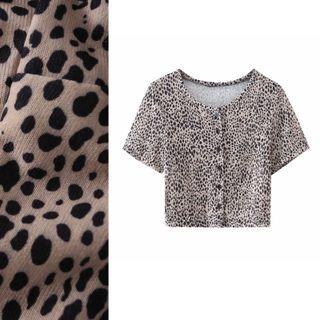 Short-sleeve Leopard Print Button-up Top