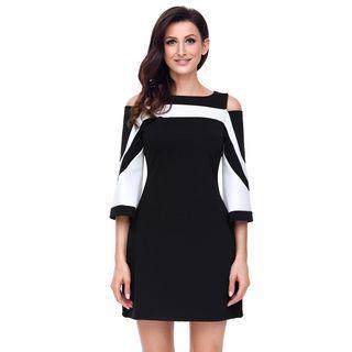 Two-tone Cutout Shoulder 3/4-sleeve Dress