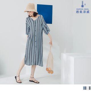 Single-breasted Striped Midi Dress
