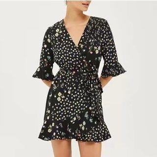 Elbow-sleeve V Neck Floral Print Sheath Dress