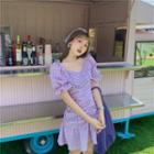 Short-sleeve Plaid Mini A-line Dress Violet - One Size
