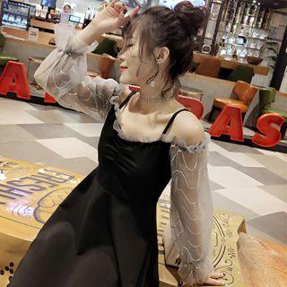 Mesh Panel Cold-shoulder Long-sleeve Mini A-line Dress