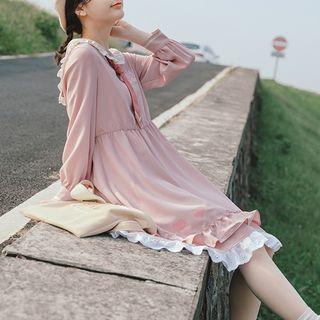 Peach Print Sailor-collar Lace-trim Dress With Tie