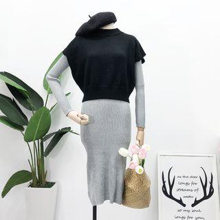 Set: Mock-neck Vest + Knit Dress Black + Gray - One Size