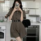 Set: Short-sleeve Collar Romper + Belt