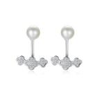Sterling Silver Fashion And Elegant Flower White Freshwater Pearl Earrings With Cubic Zirconia Silver - One Size