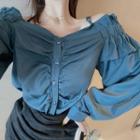 Plain Off-shoulder Ruffled-trim Blouse / Asymmetric High-waist Skirt