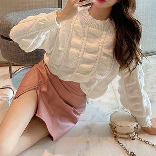 Mock Neck Plain Sweater / Faux-leather Mini Skirt