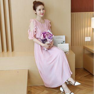 Frill Trim Cold Shoulder A-line Maxi Dress