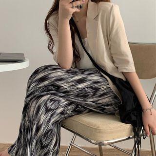 Elbow-sleeve Single Breasted Blazer / Printed Wide-leg Pants