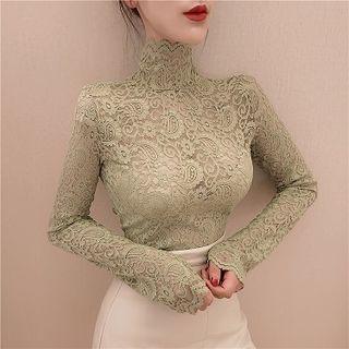 Plain Turtle-neck Lace Slim-fit Long-sleeve Top