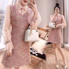 Long-sleeve Mesh Panel Tweed Mini Dress