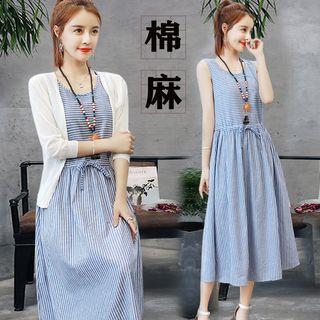 Set: Knit Jacket + Striped Sleeveless Tie-waist Midi A-line Dress