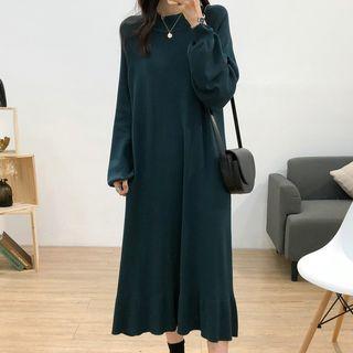 Plain Puff-sleeve Midi Knit Dress