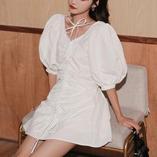 Set: V-neck Short-sleeve A-line Dress + Shorts