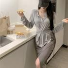 Round-neck Long Sleeve Botton-up Tie-waist Top / High Waist Split Maxi Wrap Dress