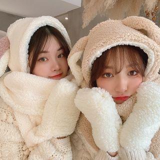 Set: Chenille Rabbit Ear Hooded Scarf + Gloves