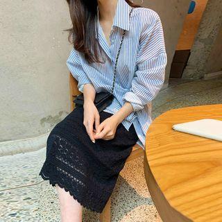 Striped Long-sleeve Shirt / High-waist Lace Skirt