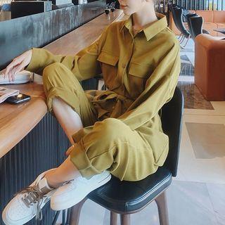 Long-sleeve Plain Cargo Jumpsuit