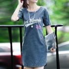 Short-sleeve Print Mini Denim Dress