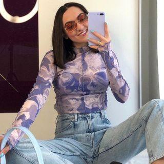 Long Sleeve Tie-dyed Ruffled-trim Crop Top