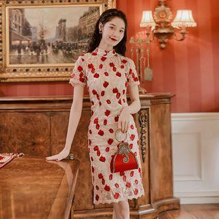 Rose Embroidered Short-sleeve Midi Qipao