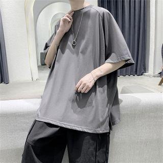 Short-sleeve Plain Loose Fit Split T-shirt
