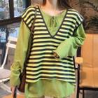Plain Lace-up Long-sleeve Top / Color-block Striped V-neck Tank Top