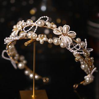 Set: Faux Pearl Flower Wedding Headband + Earring Set Of 2 - Headband & Earring - White - One Size