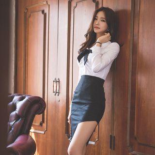 Set: Bow Long-sleeve Blouse + Asymmetric Pencil Skirt