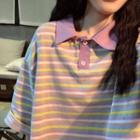 Striped Elbow-sleeve Polo Shirt Stripe - Purple - One Size