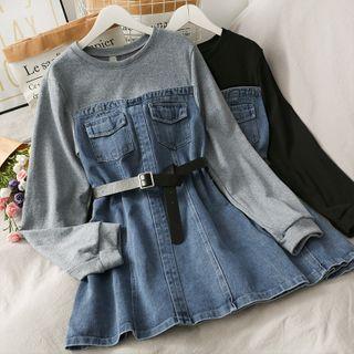 Patchwork Denim Mini Dress With Belt