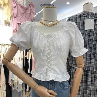 Short-sleeve Square Collar Lace-up Wood Ear Trim Top