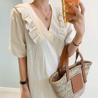 V-neck Frilled-detail Linen Blend Dress