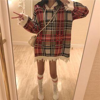 Check Loose-fit Hooded Sweater Red - One Size