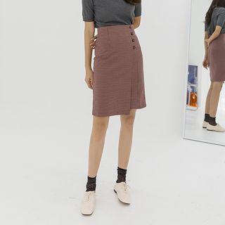 Pleated Buttoned Plaid Midi Wrap Skirt