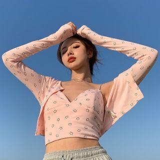Spaghetti Strap Open-back Cartoon Print Top / Cropped Cardigan Set - Pink - One Size