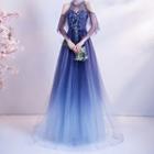 Set: Strapless Mesh A-line Evening Gown + Cape