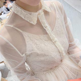 Set: Long-sleeve Midi Mesh Dress + Spaghetti Strap Mini Lace Dress