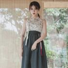 Sleeveless Maxi Skirt Hanbok Set (floral / Charcoal Gray)